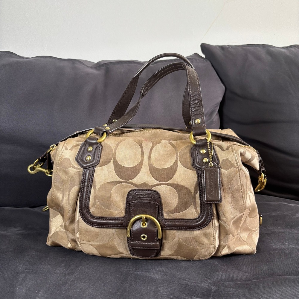 Coach Signature C Satchel Khaki Brown Jacquard Leather Trim Handbag 14478